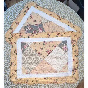 Vintage Quilted Pillow Shams Set Of 2 Floral Patchwork Standard Size YLW GRN RED